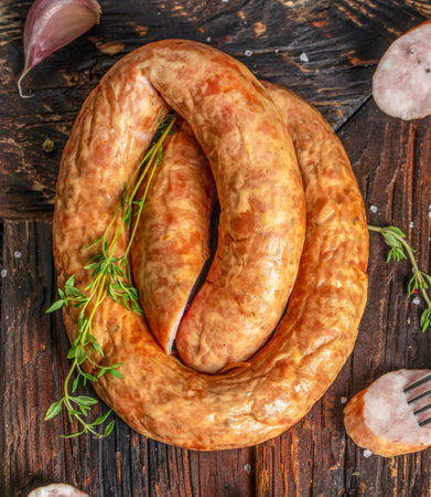 German Smoked sausage on a dark background. copy space for text.の写真素材