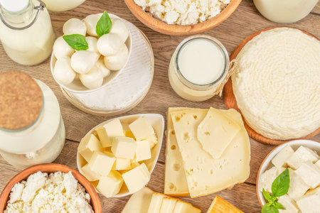 Assortment of dairy products on table, top view,の写真素材