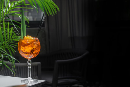 Aperol spritz cocktail with fresh orange served in a wine glass, Long banner format. copy space for text,の写真素材