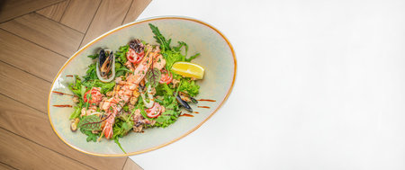 seafood salad di mare. Calamari shrimp, clams. Long banner format. top view. copy space.の写真素材