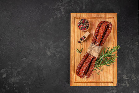 kabanosy thin dry sausages on a wooden board, top view. copy space.の写真素材
