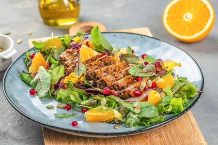 Duck salad with grilled breast and vegetables on plate, top view,の写真素材