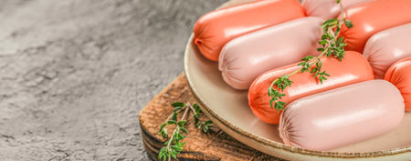 Fresh raw sausages on a wooden board, top view, Ingredients for hot dogs,