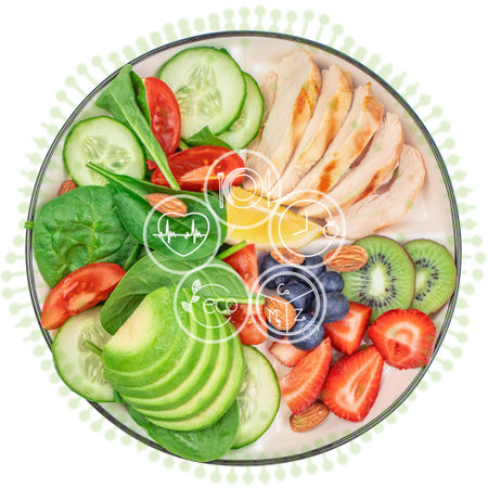 Plate of healthy food chicken fillet, avocado and salad with futuristic smart virtual interface holograms icon.の写真素材