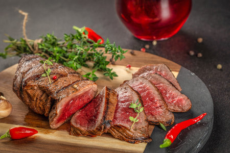 Grilled delicious ribeye steak slices with red wine.の写真素材