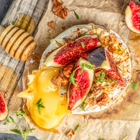 camembert cheese baked with figs, nuts and honey. top view.の写真素材