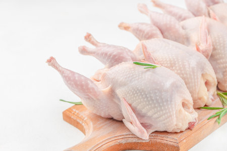 Raw quail meat on white table on a wooden board, copy space,の写真素材