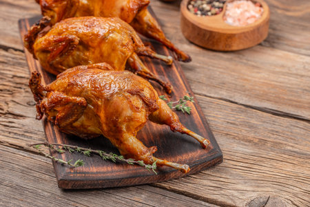 Baked quail on a wooden board, top view. copy space.の写真素材