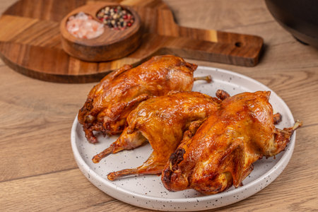 quail Baked on plate on a wooden background. top view.の写真素材
