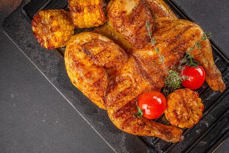 Fried chicken with fresh herbs. Tobacco chicken on a dark background. Georgian dish top view. copy...
