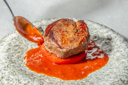 Grilled beef tenderloin steak pour demi glace sauce.の写真素材