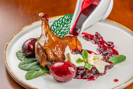 Roasted duck leg confit with sauce. Food recipe background. Close up. top view.の写真素材