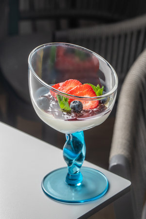Italian dessert panna cotta in glass with strawberries,の写真素材