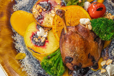 roasted duck leg steak with orange, Food recipe background. Close up. top view,の写真素材
