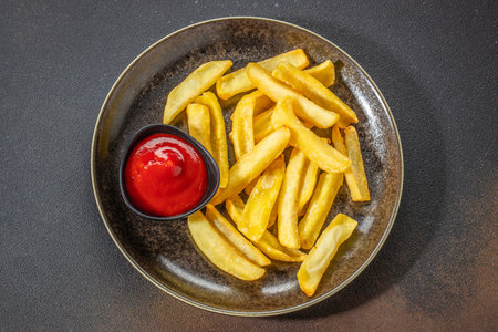 Homemade French fries with ketchup roasted in the air fryer, top view. copy space for text.