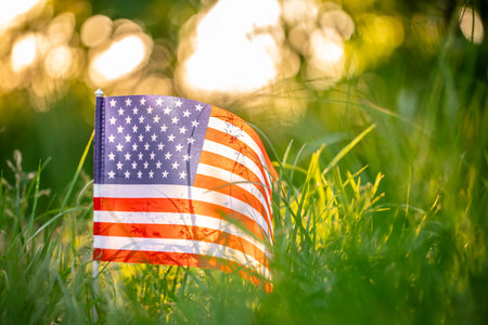 A small American flag rests quietly in the soft golden light of a peaceful summer sunset, Independence Day or traveling in America concept,の写真素材