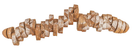 A rustic loaf of dark bread sliced into even pieces, arranged diagonally on a white background,...
