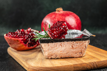 Liver pate with a pomegranate jelly topping in a foil container, garnished with fresh rosemary and served alongside whole and halved pomegranatesの写真素材