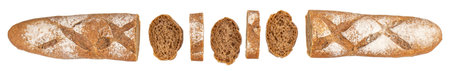 Isolated rustic rye baguette with sliced pieces showing dark crumb and flour-dusted crust on white...