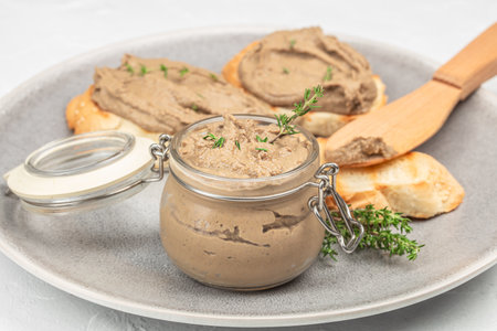 Glass jar of creamy pate garnished with fresh thyme, served with toasted bread slices on a gray...