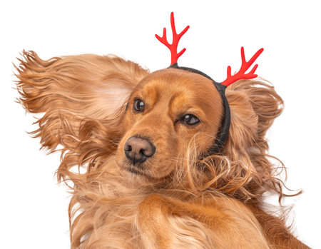 Golden Cocker Spaniel wearing red reindeer antlers headband on white background.の写真素材
