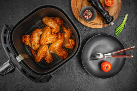 Crispy golden chicken wings cooked in an air fryer with spices on black background. top view.の写真素材