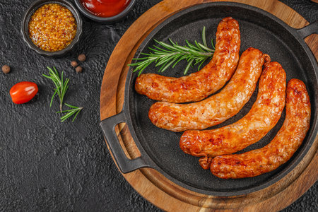 Grilled pork sausages served with rosemary mustard and ketchup on rustic pan. copy space, top view.の写真素材