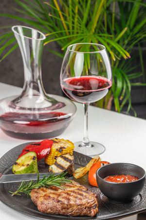 Grilled steak with vegetables, sauce, and red wine served on a black plate.の写真素材