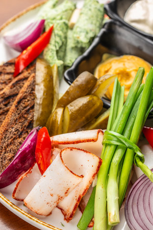Assorted appetizers with smoked meat, pickles, bread, onions, and sauces on a white plate.の写真素材