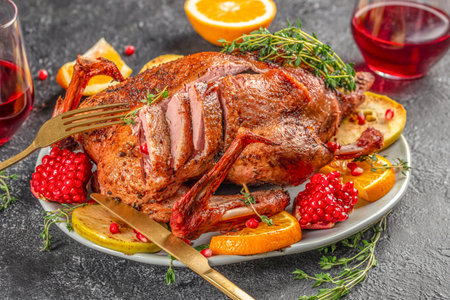 Sliced roasted duck with oranges, pomegranate seeds, and herbs on a festive holiday table top view.の写真素材