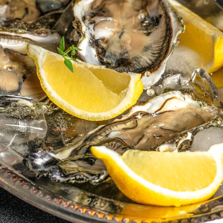 Close up of fresh oysters on ice with lemon slices, seafood delicacy.の写真素材