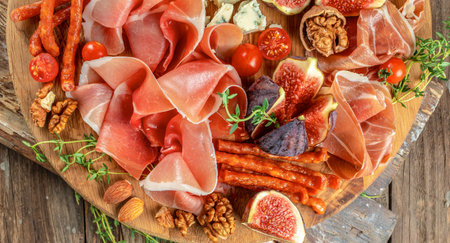 Assorted charcuterie board with prosciutto, figs, nuts, cheese and tomatoes, top view.の写真素材