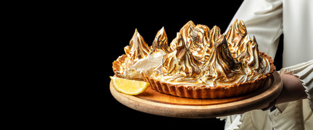 Homemade lemon meringue pie with toasted peaks on wooden plate, black background.の写真素材