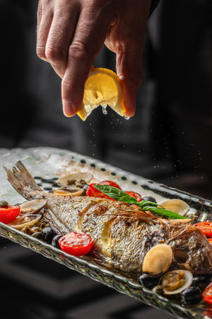 Close-up of a chef squeezing lemon juice on baked dorado fish served with cherry tomatoes, basil,...