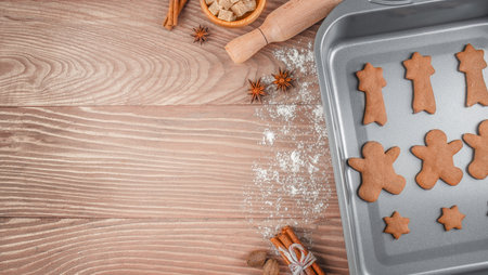 Freshly baked homemade gingerbread cookies on a baking tray with wooden background and copy space...