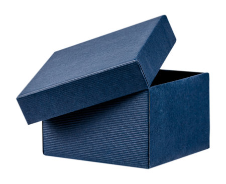 Open dark blue gift box with textured surface, isolated on white background. Minimal and elegant...