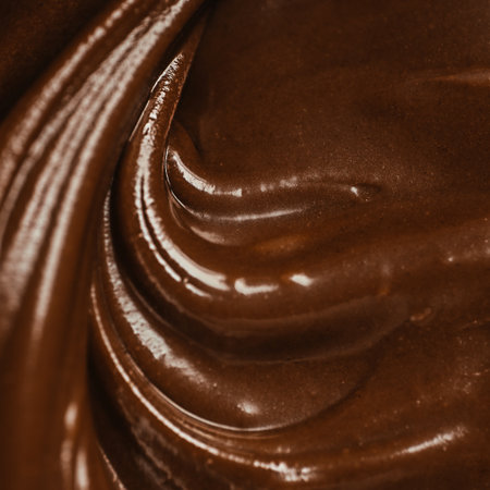 Close-up of smooth melted chocolate texture with glossy swirls, rich brown creamy surface for background or dessert concept.の写真素材