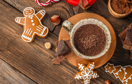 Top view of hot chocolate in ceramic cup with gingerbread cookies and chocolate pieces on rustic wooden background, cozy festive composition with Christmas holiday mood and copy spaceの写真素材