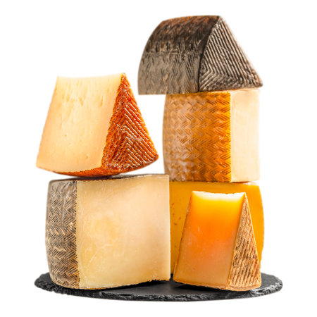 Assorted pieces of Spanish cheese stacked on slate plate isolated on white, traditional Manchego and aged sheep cheeses with rustic rind, gourmet dairy food concept advertising or banner.の写真素材