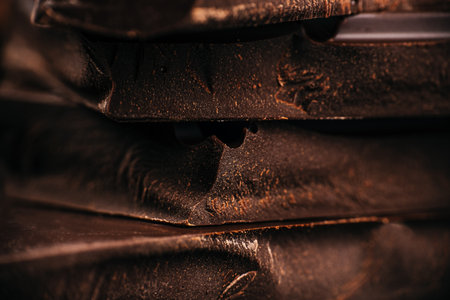 Dark chocolate bars stacked in a close-up macro shot showing rich texture and rustic details, ideal for confectionery advertising, packaging design, and premium dessert brandingの写真素材