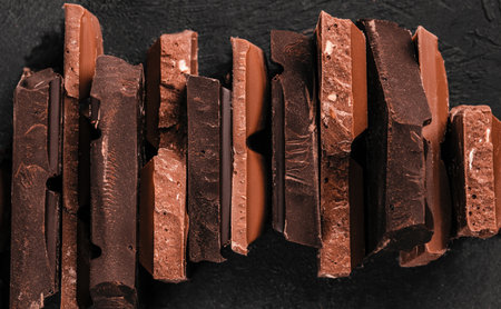 Assorted stacked chocolate bar pieces with rich textures and broken edges on dark backgroundの写真素材