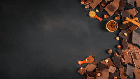 Assorted chocolate pieces with nuts and spices arranged on a dark textured background with generous copy space for branding, menus, or dessert advertisingの写真素材