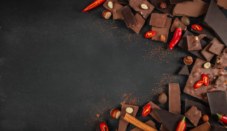 Assorted chocolate pieces with chili peppers, nuts and cinnamon on dark background with copy space.