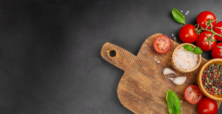 Rustic wooden cutting board with fresh tomatoes, basil, garlic and spices arranged on dark stone background, top view with wide copy space for recipe text, menu design or cooking conceptsの写真素材