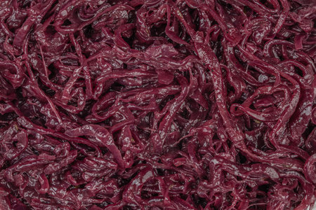 Caramelized red onion jam with a glossy texture and rich deep-purple color, shown in a bowl from a top view. The image highlights the soft, sweet, and savory strandsの写真素材