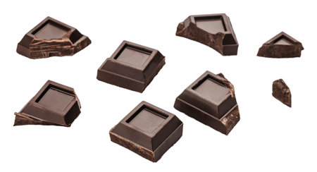 Assorted broken pieces of dark chocolate scattered on a clean white background, captured in crisp studio lightingの写真素材