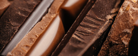 Macro close up of layered chocolate pieces with creamy filling, rich cocoa texture creating abstract...
