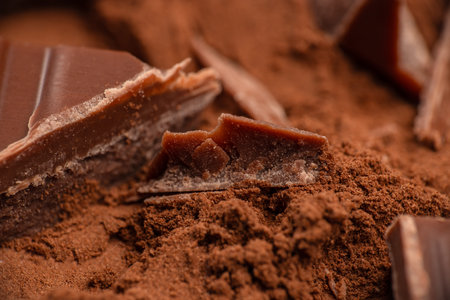 Macro close up of chocolate pieces on cocoa powder creating rich brown food texture background,...