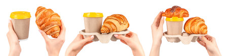Woman holding croissant with takeaway coffee cup isolated on light background, minimal breakfast to...