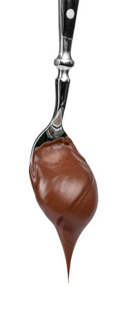 Metal spoon holding thick chocolate cream with glossy drip isolated on light background, dessert ingredient concept for menu, packaging or advertising designの写真素材